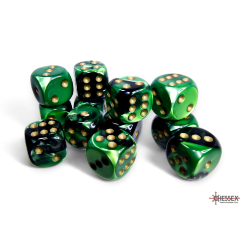 Chessex Gemini Black-Green/Gold 16mm D6 Dice Block (12 Würfel)