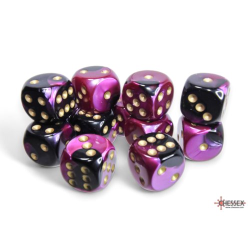 Chessex Gemini Black-Purple/Gold 16mm D6 Dice Block (12 Würfel)