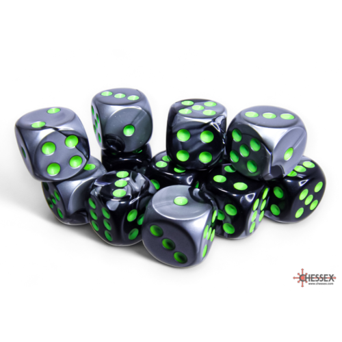 Chessex Gemini Black-Grey/Green 16mm D6 Dice Block (12 Würfel)