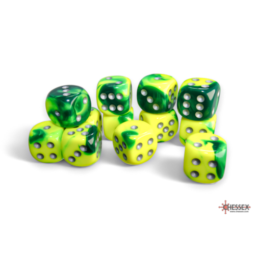 Chessex Gemini Green-Yellow/Silver 16mm D6 Dice Block (12 Würfel)