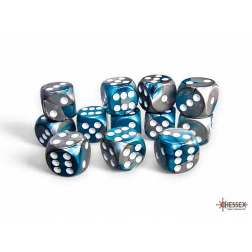 Chessex Gemini Steel-Teal/White 16mm D6 Dice Block (12 Würfel)