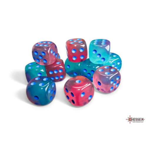 Chessex Gemini Gel Green-Pink/Blue Luminary 16mm D6 Dice Block (12 Würfel)