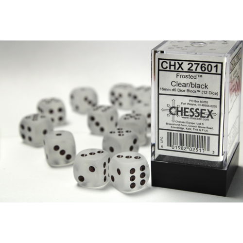 Chessex Frosted Clear/Black 16mm D6 Dice Block (12 Würfel)