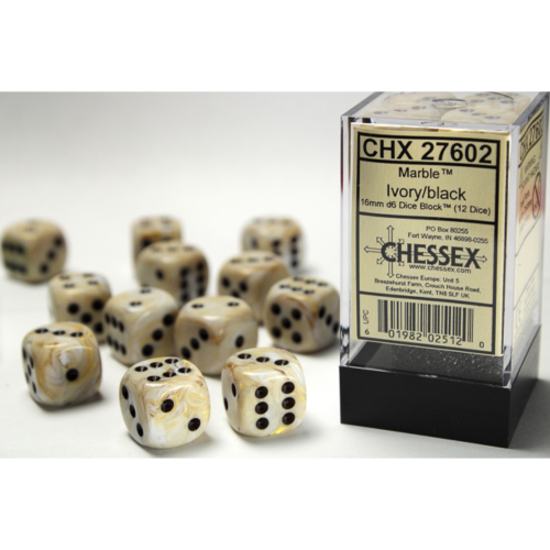 Chessex Marble Ivory/Black 16mm D6 Dice Block (12 Würfel)