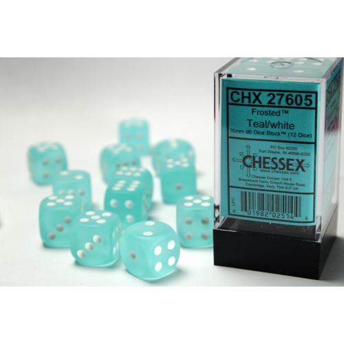 Chessex Frosted Teal/White 16mm D6 Dice Block (12 Würfel)