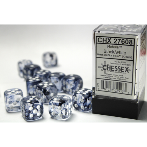 Chessex Nebula Black/White 16mm D6 Dice Block (12 Würfel)