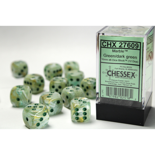 Chessex Marble Green/Dark Green 16mm D6 Dice Block (12 Würfel)