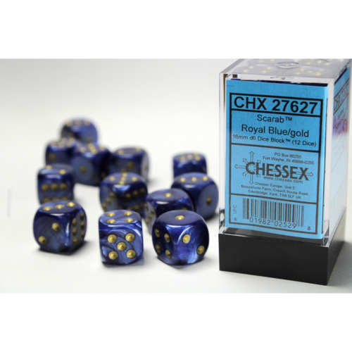 Chessex Scarab Royal Blue/Gold 16mm D6 Dice Block (12 Würfel)