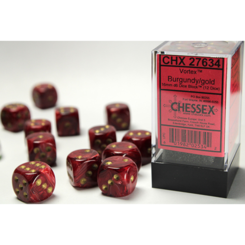 Chessex Vortex Burgundy/Gold 16mm D6 Dice Block (12 Würfel)