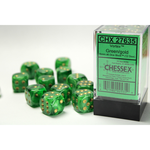 Chessex Vortex Green/Gold 16mm D6 Dice Block (12 Würfel)