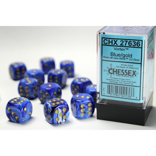 Chessex Vortex Blue/Gold 16mm D6 Dice Block (12 Würfel)
