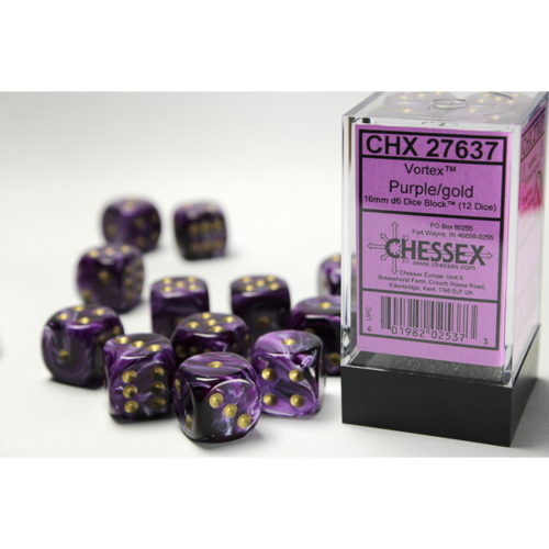Chessex Vortex Purple/Gold 16mm D6 Dice Block (12 Würfel)