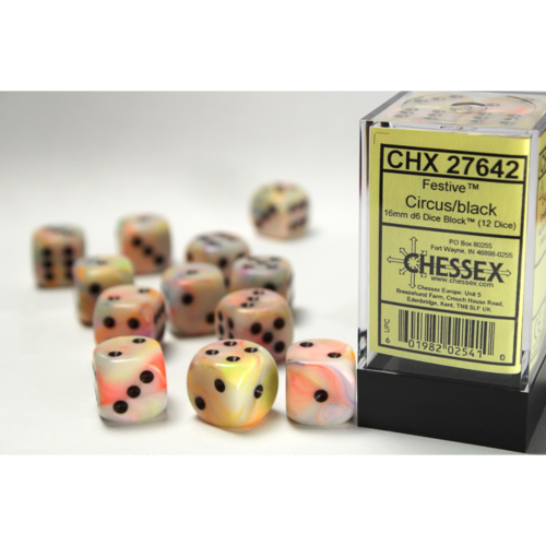 Chessex Festive Circus/Black 16mm D6 Dice Block (12 Würfel)