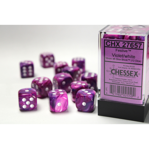 Chessex Festive Violet/White 16mm D6 Dice Block (12 Würfel)
