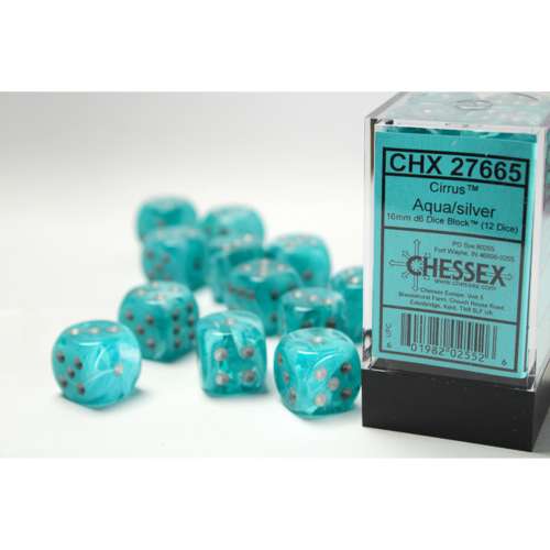 Chessex Cirrus Aqua/Silver 16mm D6 Dice Block (12 Würfel)
