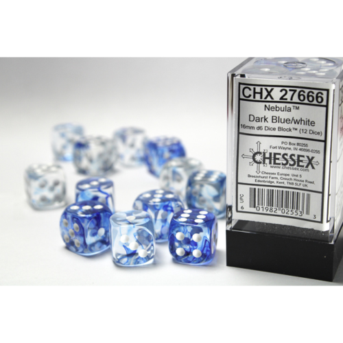 Chessex Nebula Dark Blue/White 16mm D6 Dice Block (12 Würfel)