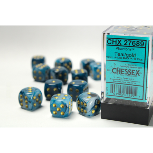 Chessex Phantom Teal/Gold 16mm D6 Dice Block (12 Würfel)