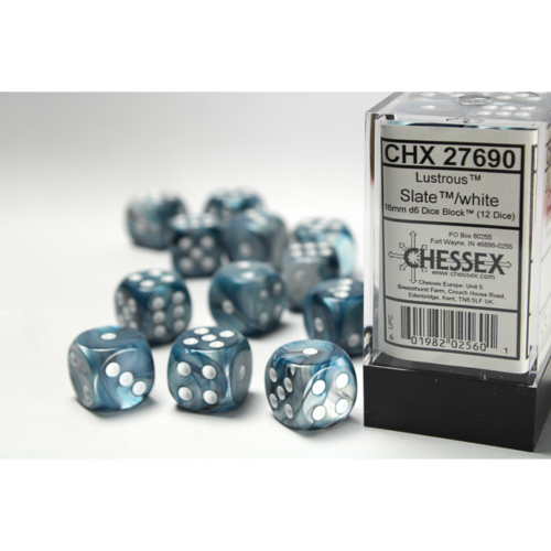 Chessex Lustrous Slate/White 16mm D6 Dice Block (12 Würfel)