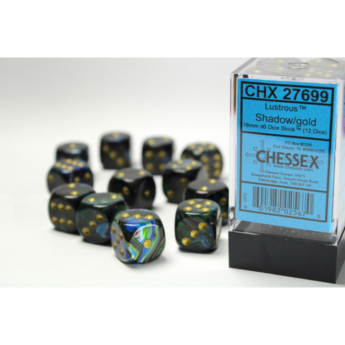 Chessex Lustrous Shadow/Gold 16mm D6 Dice Block (12 Würfel)