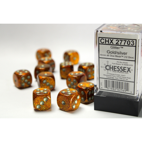 Chessex Glitter Gold/Silver 16mm D6 Dice Block (12 Würfel)