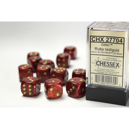 Chessex Glitter Ruby/Gold 16mm D6 Dice Block (12 Würfel)