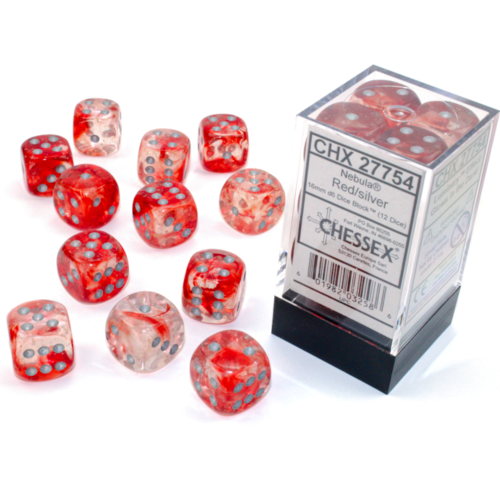 Chessex Nebula Red/Silver Luminary 16mm D6 Dice Block (12 Würfel)
