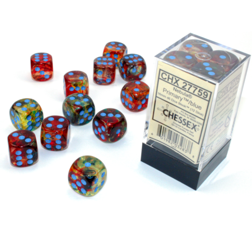 Chessex Nebula Primary/Blue Luminary 16mm D6 Dice Block (12 Würfel)