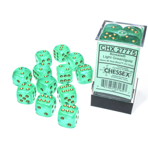 Chessex Borealis Light Green/Gold Luminary 16mm D6 Dice Block (12 Würfel)