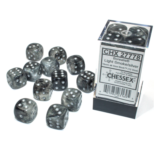 Chessex Borealis Light Smoke/Silver Luminary 16mm D6 Dice Block (12 Würfel)