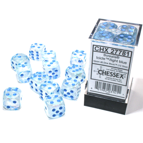 Chessex Borealis Icicle/Light Blue Luminary 16mm D6 Dice Block (12 Würfel)