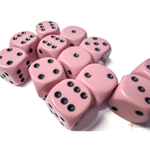 Chessex Opaque Pastel Pink/Black 16mm D6 Dice Block (12 Würfel)