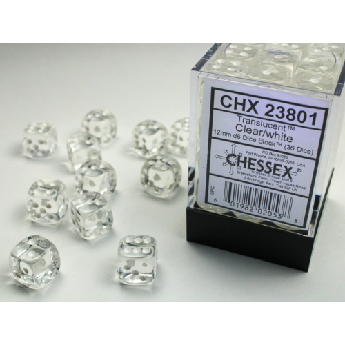 Chessex Translucent Clear/White 12mm D6 Dice Block (36 Würfel)