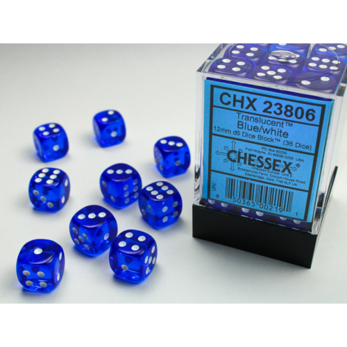 Chessex Translucent Blue/White 12mm D6 Dice Block (36 Würfel)