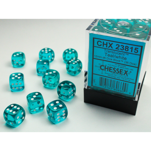 Chessex Translucent Teal/White 12mm D6 Dice Block (36 Würfel)