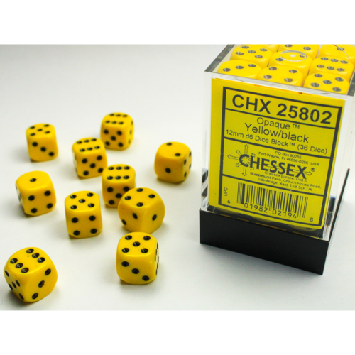 Chessex Opaque Yellow/Black 12mm D6 Dice Block (36 Würfel)