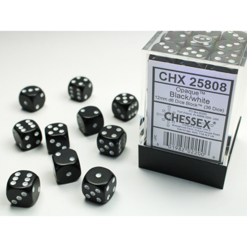 Chessex Opaque Black/White 12mm D6 Dice Block (36 Würfel)