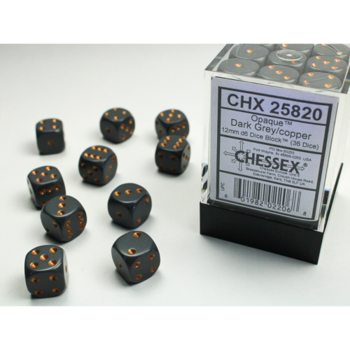 Chessex Opaque Dark Grey/Copper 12mm D6 Dice Block (36 Würfel)