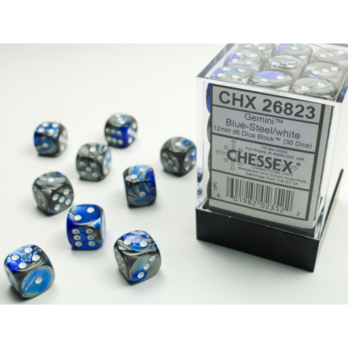 Chessex Gemini Blue-Steel/White 12mm D6 Dice Block (36 Würfel)