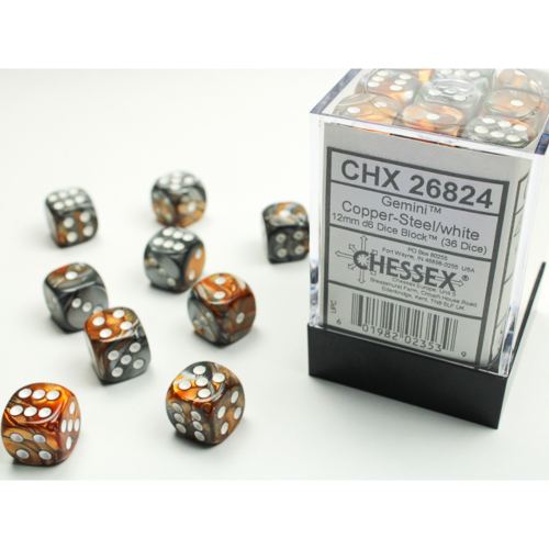 Chessex Gemini Copper-Steel/White 12mm D6 Dice Block (36 Würfel)