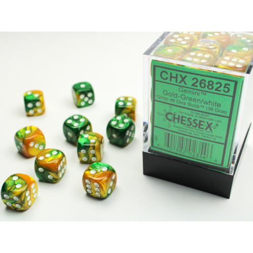 Chessex Gemini Gold-Green/White 12mm D6 Dice Block (36 Würfel)