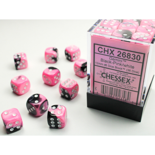 Chessex Gemini Black-Pink/White 12mm D6 Dice Block (36 Würfel)