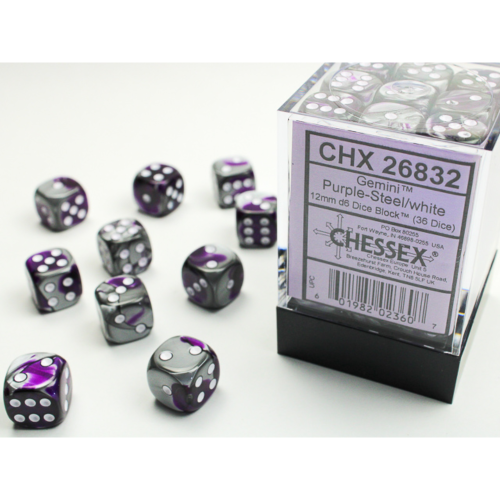 Chessex Gemini Purple-Steel/White 12mm D6 Dice Block (36 Würfel)