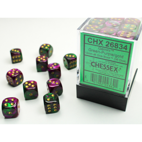 Chessex Gemini Green-Purple/Gold 12mm D6 Dice Block (36 Würfel)