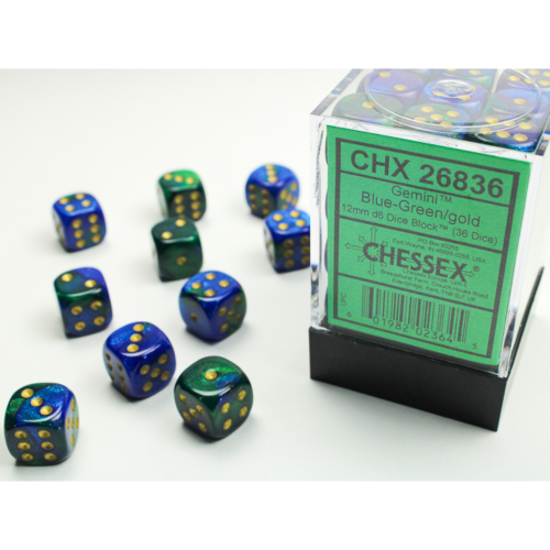 Chessex Gemini Blue-Green/Gold 12mm D6 Dice Block (36 Würfel)