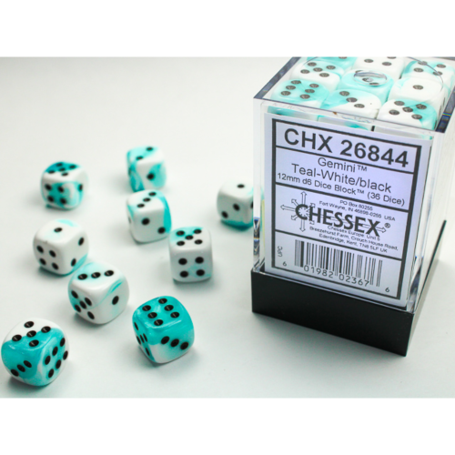 Chessex Gemini Teal-White/Black 12mm D6 Dice Block (36 Würfel)