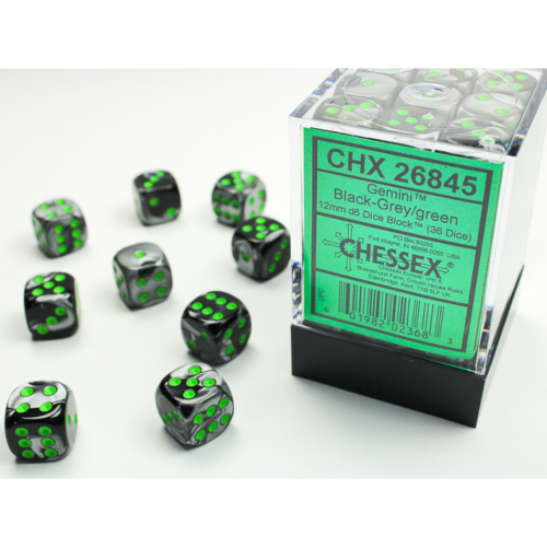 Chessex Gemini Black-Grey/Green 12mm D6 Dice Block (36 Würfel)