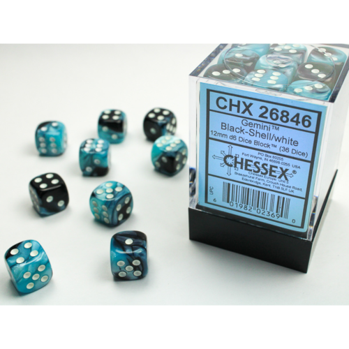 Chessex Gemini Black-Shell/White 12mm D6 Dice Block (36 Würfel)