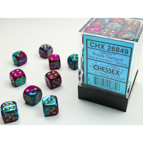 Chessex Gemini Purple-Teal/Gold 12mm D6 Dice Block (36 Würfel)