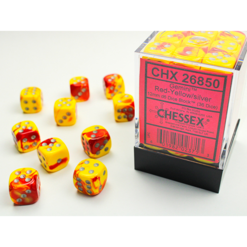 Chessex Gemini Red-Yellow/Silver 12mm D6 Dice Block (36 Würfel)
