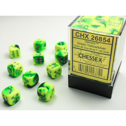 Chessex Gemini Green-Yellow/Silver 12mm D6 Dice Block (36 Würfel)